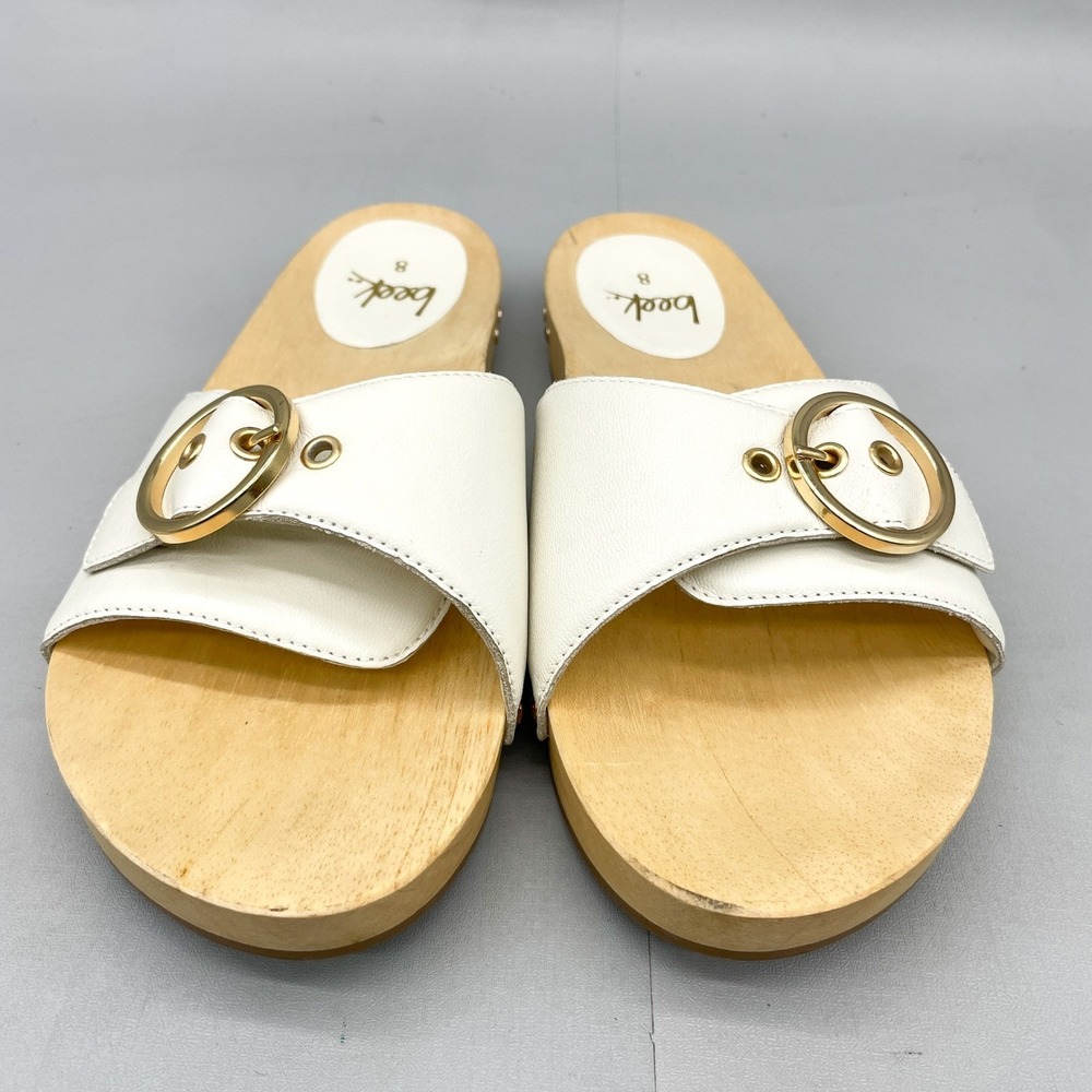 BeekWomens 8 Woodstar Clog Sandals White Leather Gold Buckle Slide Boho Coastal - Picture 4 of 12